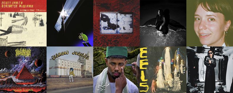 Esta combinación de imágenes de portada del álbum muestra, fila superior desde la izquierda, Across the Tracks de Boldy James y el director Williams, Psykos de Yung Lean y Bladee, Sentir Que No Sabes de Mabe Fratti, Night Reign de Arooj Aftab, Great Doubt de Astrid Sonne, fila inferior desde la izquierda, Absolute Elsewhere de Blood Incantation, Diamond Jubliee de Cindy Lee, Dunya de Mustafa, Being Dead de EELS y Still de Erika de Casier. (Near Mint/World Affairs/Unheard of Hope/Verve/Escho/Century Media/Realistik Studios/Jagjaguwar/Bayonet/4AD via AP)
