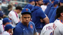 El jugador lesionado de los Mets de Nueva York, Juan Soto, observa desde la cueva durante la novena entrada de un partido de béisbol contra los Marlins de Miami, el sábado 1 de agosto de 2026, en Nueva York. (Foto AP/Heather Khalifa)
