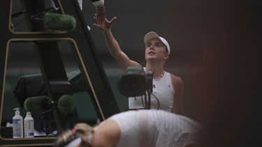 Elina Svitolina saluda al juez de silla tras derrotar a Victoria Azarenka en el torneo de Wimbledon, el domingo 9 de julio de 2023, en Londres. (AP Foto/Alberto Pezzali)