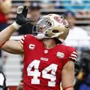 ARCHIVO: El fullback de los 49ers de San Francisco, Kyle Juszczyk, hace gestos tras una jugada contra los Dolphins de Miami durante la segunda mitad de un partido de fútbol americano de la NFL en Santa Clara, California, el 20 de septiembre de 2026. (Foto AP/Kelley L Cox, Archivo)