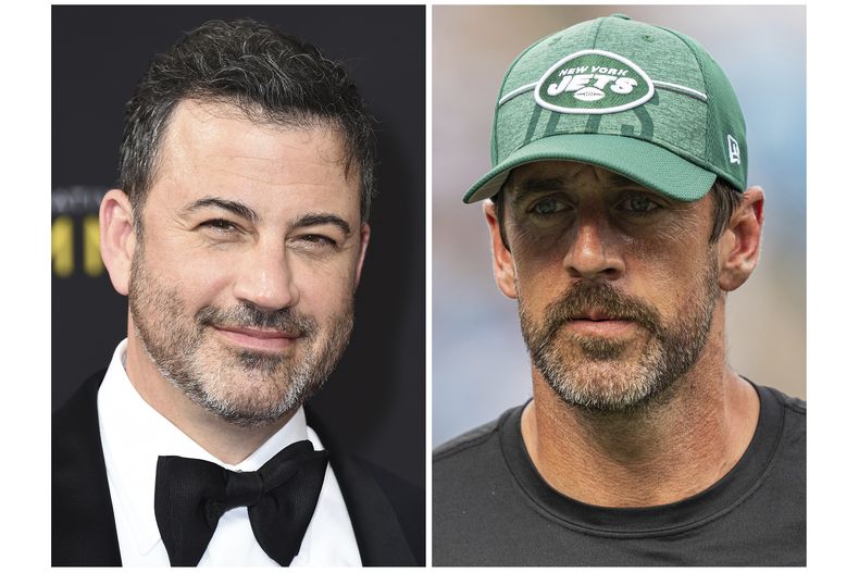 ARCHIVO - Jimmy Kimmel (izquierda), aparece en una foto del 14 de septiembre de 2019. Aaron Rodgers, aparece en una imagen del 12 de agosto de 2023 (Foto by Jordan Strauss/Invision for the Television Academy/AP Images, left, AP Foto/Jacob Kupferman)
