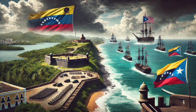 DALL·E 2025-01-13 17.24.44 - A symbolic and fictional artistic depiction of Venezuela invading Puerto Rico. The image shows a fleet of ships marked with the Venezuelan flag approa.webp