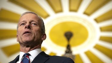 El líder de la mayoría del Senado, John Thune, habla con reporteros en el Capitolio, en martes 14 de enero de 2025, en Washington. (AP Foto/Mark Schiefelbein)