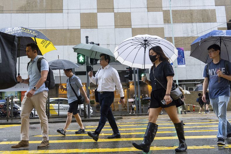 Varias personas cruzan una calle cubiertos con paraguas debido a las lluvias de la tormenta tropical Podul, en Hong Kong, el 14 de agosto de 2025. (AP Foto/Chan Long Hei)