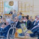 ARCHIVO - El cuadro de la artista muestra al líder de los Oath Keepers, Stewart Rhodes, y otros cuatro miembros del grupo de extrema derecha acusados de conspiración sediciosa por su papel en el asalto al Capitolio del 6 de enero de 2021, en el tribunal en Washington, 6 de octubre de 2022. En el banquillo de testigos, el acusado John Zimmerman; los acusados Thomas Caldwell, 2do izquierda al frente; Rhodes, con parche en el ojo; Jessica Watkins, 3ra derecha; Kelly Meggs, 2do derecha; Kenneth Harrelson, derecha. La fiscal Kathryn Rakoczy, con vestido azul, está de pie a la derecha del juez Amit Mehta. Watkins fue condenada a 8 años de prisión el viernes 26 de mayo de 2023. (Dana Verkouteren via AP)