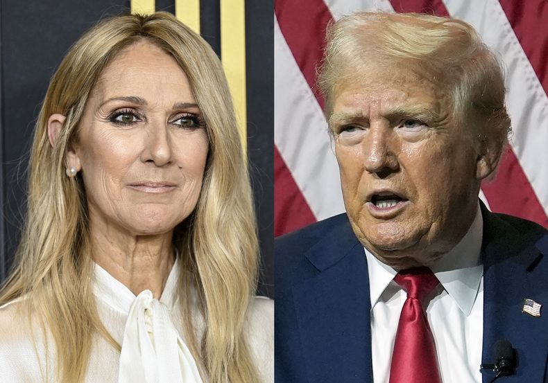 Celine Dion en una proyección especial de I Am: Celine Dion en el Alice Tully Hall en Nueva York el 17 de junio de 2024, en Nueva York, izquierda, y el candidato presidencial republicano y expresidente Donald Trump en la Asociación Nacional de Periodistas Negros. (NABJ) en Chicago el 31 de julio de 2024. (Foto AP)