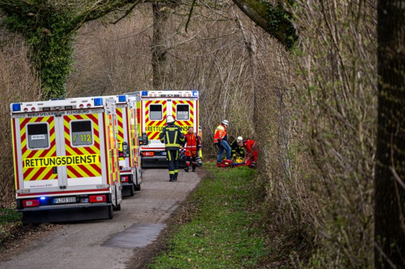 Los equipos de rescate brindan atención en el lugar donde cayó un árbol sobre personas en una zona boscosa al sureste de Flensburg, Alemania, el domingo 5 de abril de 2026. (Benjamin Nolte/dpa vía AP)