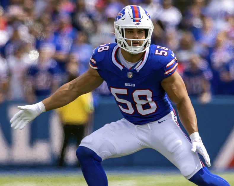 El linebacker Matt Milano de los Bills de Buffalo durante el partido contra los Raiders de Las Vegas, el 17 de septiembre de 2023, en Orchard Park, Nueva York. (AP Foto/Matt Durisko)