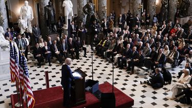 El presidente Joe Biden habla durante el Desayuno de Oración Nacional con los líderes del Congreso, en el Capitolio, Washington, el jueves 1 de febrero de 2024. (AP Foto/J. Scott Applewhite)