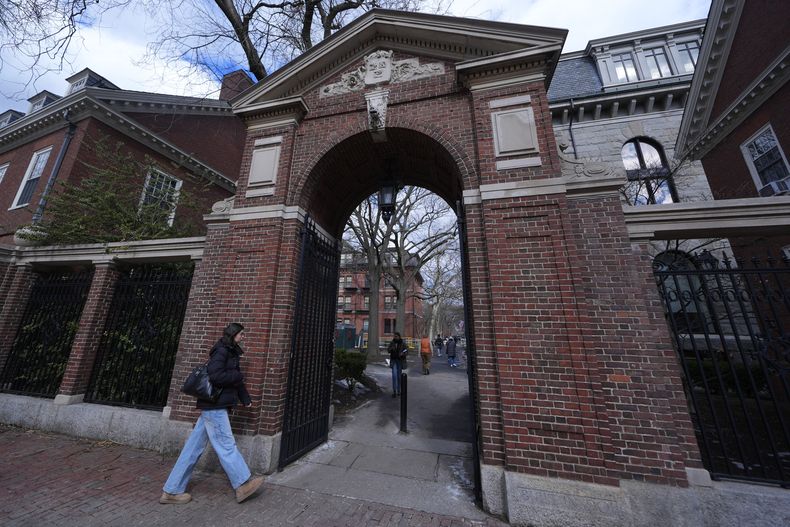 ARCHIVO - Peatones caminan a través de las puertas del Harvard Yard en la Universidad de Harvard, el miércoles 26 de febrero de 2025, en Cambridge, Massachusetts. (AP foto/Charles Krupa, archivo)