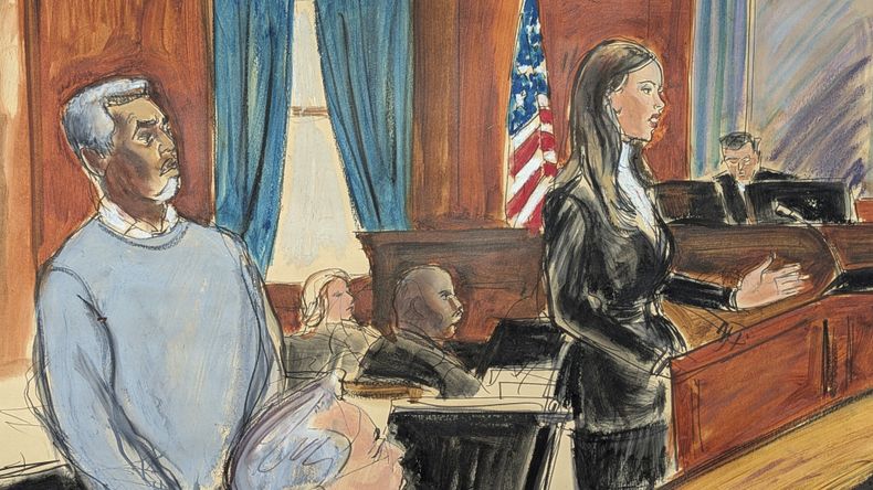 Bosquejo de Sean Diddy Combs (izq) mientras su abogada Teny Geragos da su declaración inicial en el tribunal en Nueva York el 12 de mayo del 2025. (Elizabeth Williams via AP)