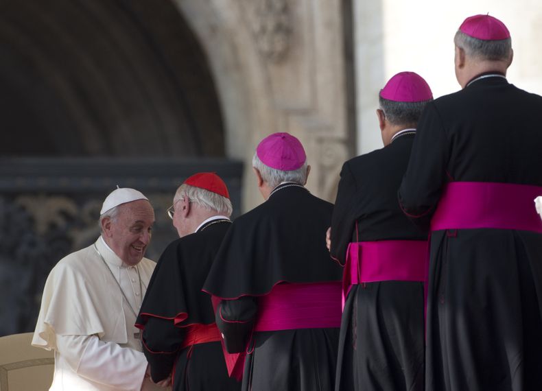 Cardenales y obispos saludan al papa Francisco al final de su audiencia general semanal en San Pedro, Ciudad del Vaticano, 30 de octubre de 2013. La Santa Sede anunci&oacute; el jueves 31 de octubre de 2013 que Francisco nombrar&aacute; a los primeros car