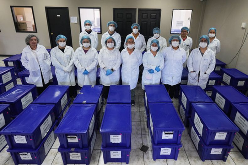 Archivistas posan para una foto grupal con cajas que contienen testimonios de víctimas del conflicto armado interno entre 1960 y 1996, quienes buscaron reparaciones por los abusos sufridos, en Ciudad de Guatemala, el miércoles 22 de julio de 2026. (Foto AP/Moisés Castillo)
