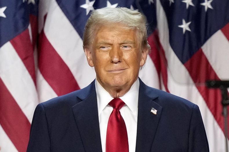El candidato republicano a la presidencia, el expresidente Donald Trump, aparece en una foto en una fiesta de seguimiento electoral, el miércoles 6 de noviembre de 2024, en West Palm Beach, Florida. (AP Foto/Alex Brandon)