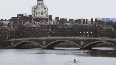 Una persona rema por el río Charles, cerca de la Universidad de Harvard, al fondo, el martes 15 de abril de 2025, en Cambridge, Massachusetts. (AP Foto/Charles Krupa)