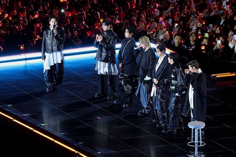 El grupo de Kpop BTS en su concierto en Seúl, Surcorea, el 21 de marzo del 2026. (Kim Hong-Ji/Pool Photo via AP)
