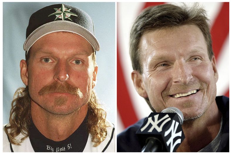ARCHIVO - Esta combinación de fotografías de archivo muestra al lanzador de los Marineros de Seattle, Randy Johnson, a la izquierda, en 1997, y con los Yankees de Nueva York en 2005. (Foto AP/Archivo)