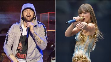 Eminem se presenta en el Festival de Música y Artes Bonnaroo el 9 de junio de 2018, izquierda, y Taylor Swift se presenta en el estadio de Wembley en Londres como parte de su Eras Tour el 21 de junio de 2024. El duodécimo álbum de estudio de Eminem, The Death of Slim Shady ( Coup de Grâce), debutó en el número 1 del Billboard 200, desbancando a The Tortured Poets Department de Taylor Swift después de 12 semanas.(Foto AP)