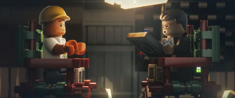 Esta imagen proporcionada por Focus Features muestra a los personajes de Lego Pharrell Williams, izquierda, y al director Morgan Neville en una escena de Piece By Piece. (Focus Features vía AP)