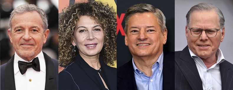 Esta combinación de fotografías muestra al director ejecutivo de Disney Bob Iger, de izquierda a derecha, la presidenta de NBCUniversal y directora de contenido Donna Langley, el codirector ejecutivo de Netflix Ted Sarandos y el director ejecutivo de Warner Bros. Discovery David Zaslav. (Foto AP)