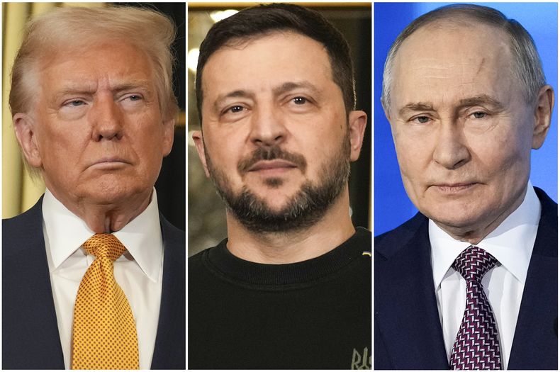 ARCHIVO - En esta combinación de fotografías de archivo, el presidente estadounidense Donald Trump, izquierda, y el mandatario ucraniano Volodymyr Zelenskyy, al centro, están en el Palacio del Elíseo, el 7 de diciembre de 2024 en París, mientras que, a la derecha, el presidente ruso Vladímir Putin participa en un Foro de Tecnología el 21 de febrero de 2025, en Moscú. (AP Foto/Aurelien Morissard, izquierda y centro, Pavel Bednyakov, derecha, archivo)