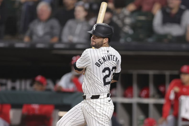 Andrew Benintendi de los Medias Blancas de Chicago batea un sencillo remolcador en la octava entrada ante los Angelinos de Los Ángeles el martes 24 de septiembre del 2024. (AP Foto/Melissa Tamez)