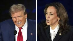 En esta combinación de fotos aparecen el candidato presidencial republicano y expresidente, Donald Trump, izquierda, y la candidata presidencial demócrata y vicepresidenta, Kamala Harris, en el debate presidencial transmitido por ABC News, en el National Constitution Center, el martes 10 de septiembre de 2024, en Filadelfia. (AP Foto/Alex Brandon)