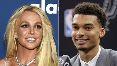 ARCHIVO - Foto del 12 de abril del 2018, Britney Spears la 29ma edición del GLAAD Media Awards en Beverly Hills y foto del 6 d julio del 2023 de la primera selección del Draft Victor Wembanyama en conferencia de prensa. (AP Fotos by Chris Pizzello, izquierda, and Eric Gay, Archivo)