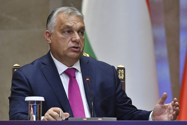 El primer ministro de Hungría, Viktor Orban, participa en una reunión con el presidente de Kirguistán, Sadyr Japarov, en la residencia estatal Yntymak Ordo de la capital kirguí, Bishkek, el 5 de noviembre de 2024. (AP Foto/Vladimir Voronin)