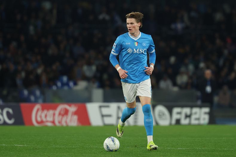 El jugador del Napoli Scott McTominay durante el encuentro ante el Lecce en la Serie A en el Estadio Diego Armando Maradona el sábado 14 de marzo del 2026. (Foto by Alessandro Garofalo/LaPresse)/LaPresse via AP)