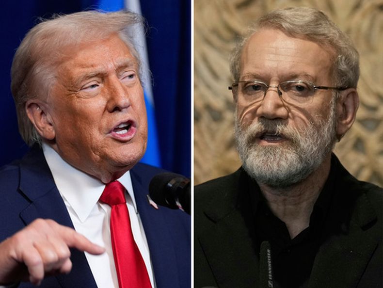 Esta combinación de imágenes muestra el presidente de Estados Unidos, Donald Trump, en Mar-a-Lago, el 29 de diciembre de 2025, en Palm Beach, Florida, y al secretario del Consejo Supremo de Seguridad Nacional de Irán, Ali Larijani en Beirut, Líbano, el 13 de agosto de 2025. (AP Foto/Alex Brandon, Bilal Hussein)