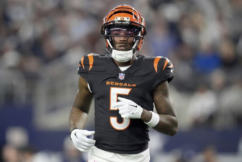 ARCHIVO - El wide receiver Tee Higgins, de los Bengals de Cincinnati, se alínea frente a los Cowboys de Dallas durante un partido de la NFL en Arlington, Texas, el 9 de diciembre de 2024. (AP Foto/Tony Gutierrez, Archivo)