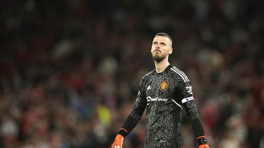El portero del Manchester United David de Gea durante el partido de liga ante el Chelsea, el jueves 25 de mayo de 2023, en Manchester, Inglaterra. (AP Foto/Dave Thompson)