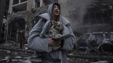 Ivanna, calienta a su perro frente a un coche en llamas destruido tras un reciente ataque ruso en Kiev, Ucrania, viernes 20 de diciembre de 2024. (Foto AP/Alex Babenko)