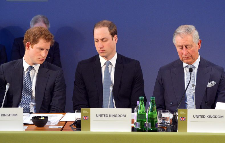 Tres miembros de la familia real brit&aacute;nica en esta foto (desde la izquierda): El pr&iacute;ncipe Enrique, el pr&iacute;ncipe Guillermo y el pr&iacute;ncipe Carlos (el padre de los dos primeros), escuchan los discursos de ll&iacute;deres mundiales d