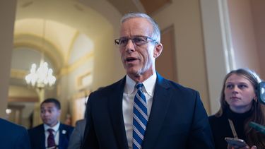 El líder de la mayoría en el Senado, el republicano John Thune, habla con los reporteros en el Capitolio, el viernes 7 de noviembre de 2025, en Washington. (AP Foto/J. Scott Applewhite)