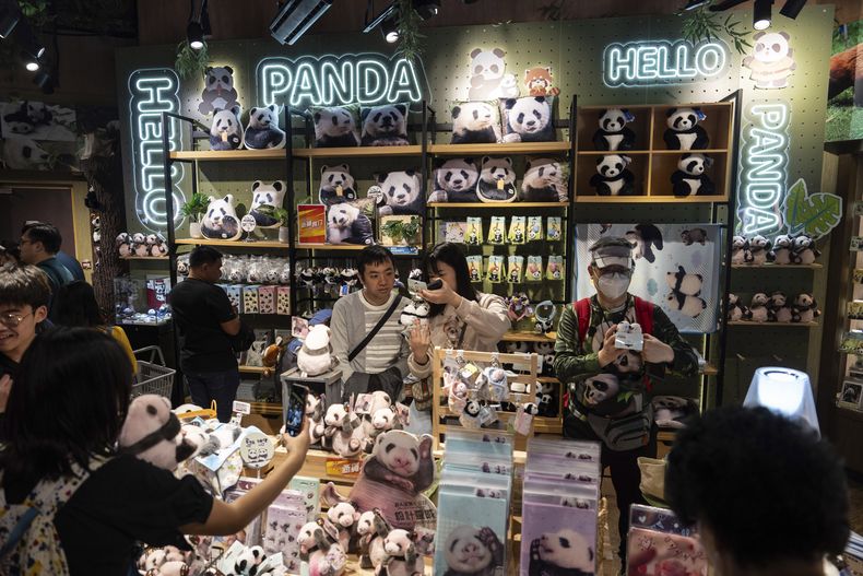 Visitantes en una tienda temática de pandas en el Ocean Park, durante la presentación al público de dos cachorros de panda gigante nacidos en Hong Kong, el domingo 16 de febrero de 2025. (AP Foto/Chan Long Hei)