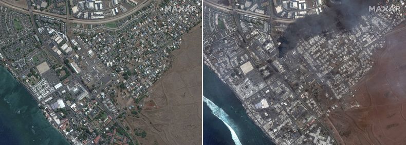Esta combinación de imágenes satelitales suministradas por Maxar Technologies muestran una vista aérea de Lahaina Square, en Maui, Hawai, el 25 de junio de 2023 a la izquierda, y la misma zona el 9 de agosto, luego de incendio en el centro de la isla hawaiana. (Maxar Technologies vía AP)