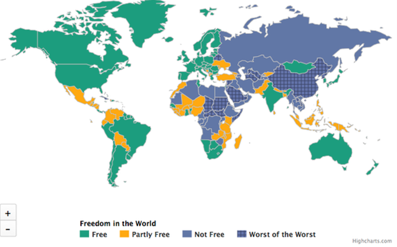 Mapa resultado del informe de libertades 2015 de Freedom House.