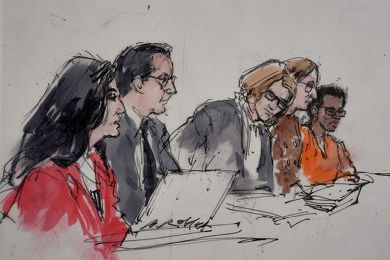 En este dibujo de la sala del tribunal, se observa a David Anthony Burke, conocido como D4vd, en el extremo derecho, durante su juicio en Los Ángeles el martes 21 de julio de 2026, por la muerte de Celeste Rivas Hernández. (Bill Robles via AP)