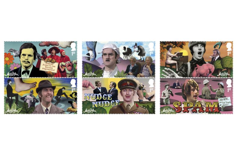 Esta imagen proporcionada por Royal Mail el miércoles 6 de agosto de 2025 estampillas de Monty Python emitidas para celebrar su aniversario. (Royal Mail via AP)