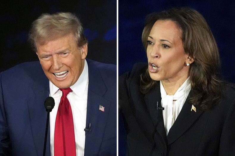 En esta combinación de fotos aparecen el candidato presidencial republicano y expresidente, Donald Trump, izquierda, y la candidata presidencial demócrata y vicepresidenta, Kamala Harris, en el debate presidencial transmitido por ABC News, en el National Constitution Center, el martes 10 de septiembre de 2024, en Filadelfia. (AP Foto/Alex Brandon)