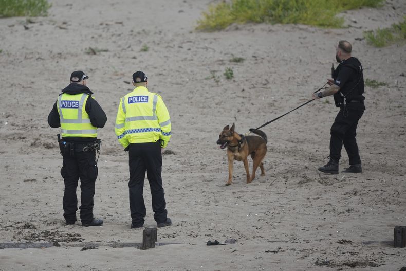 Un adiestrador camina con su unidad canina en una playa para ayudar con la seguridad en el campo de golf Trump Turnberry, en Turnberry, Escocia, el viernes 25 de julio de 2025, previo a la visita del presidente estadounidense Donald Trump a Escocia. (AP Foto/Alastair Grant)