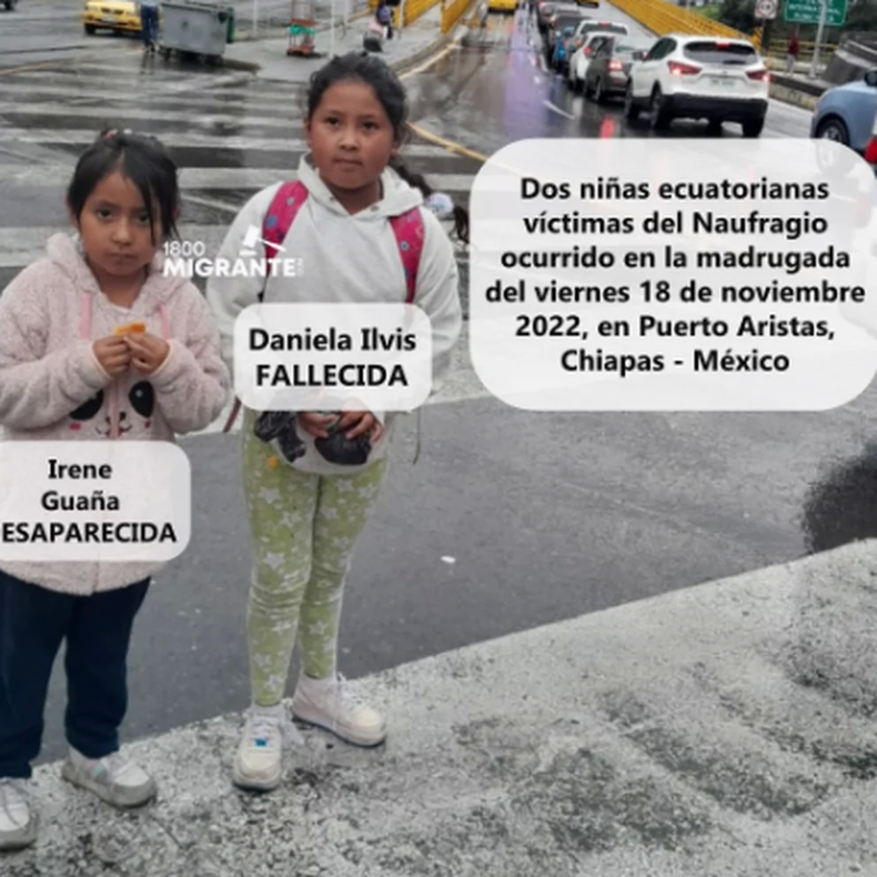 Irene Guaña, de cinco años, continúa desaparecida. Daniela Ilvis falleció. Ellas son víctimas del naufragio de la lancha que transportaba a 30 migrantes, 21 ecuatorianos y 9 cubanos. (1800Migrante.com)