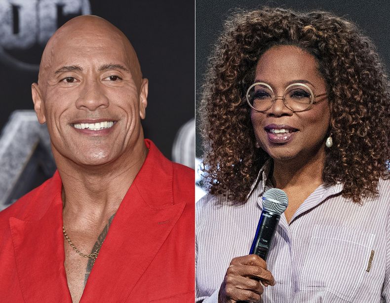 Dwayne Johnson en el estreno mundial de Black Adam en Nueva York el 12 de octubre de 2022, izquierda, y Oprah Winfrey en el Festival Essence en Nueva Orleans el 30 de junio de 2023. Johnson y Winfrey destinarán 10 millones de dólares para hacer pagos directos a la gente de Maui afectada por los incendios forestales de Hawái. (Foto AP)