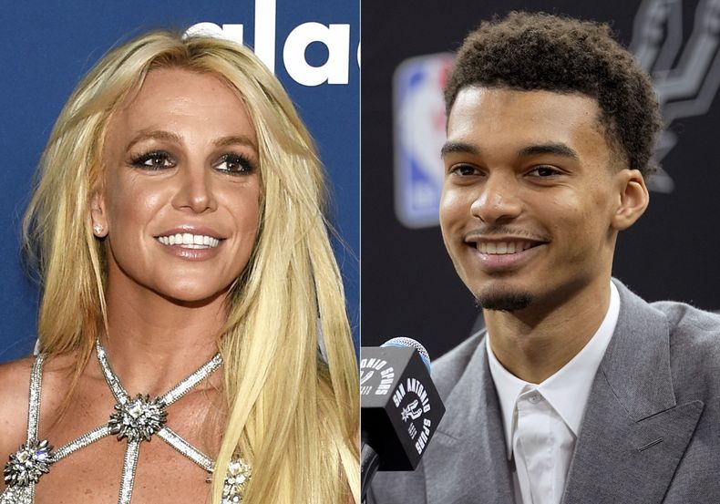ARCHIVO - Foto del 12 de abril del 2018, Britney Spears la 29ma edición del GLAAD Media Awards en Beverly Hills y foto del 6 d julio del 2023 de la primera selección del Draft Victor Wembanyama en conferencia de prensa. (AP Fotos by Chris Pizzello, izquierda, and Eric Gay, Archivo)