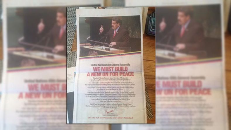 l gobierno de Venezuela publicó hoy a página completa un aviso publicitario en el periódico The New York Times donde exige, entre otras cosas, la refundación de la ONU y anuncia la donación de 5 millones de dólares para la lucha contra el brote de ébola.