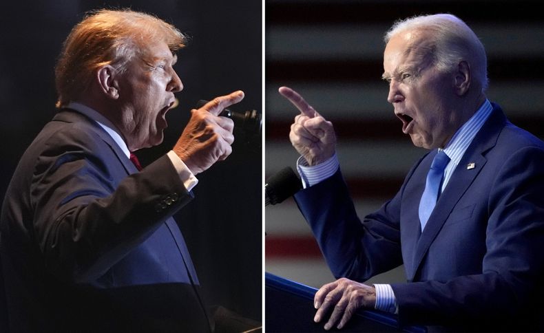 Esta combinación de fotografías tomadas en Columbia, Carolina del Sur, muestra al expresidente Donald Trump, a la izquierda, el 24 de febrero de 2024, y al presidente Joe Biden el 27 de enero de 2024. (Foto AP)