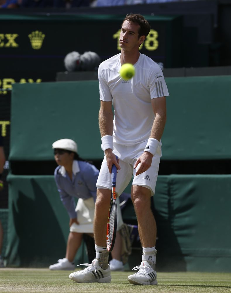 El tenista brit&aacute;nico Andy Murray ve pasar un servicio de su oponente Grigor Dimitrov en su partido de cuartos de final del torneo de Wimbledon jugado el mi&eacute;rcoles 2 de julio de 2014. (Foot de AP/Pavel Golovkin)
