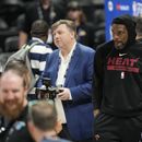 Udonis Haslem, alero del Heat de Miami, es entrevistado antes de una práctica, el miércoles 31 de mayo de 2023 (AP Foto/David Zalubowski)